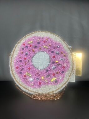 Beaded Pink Donut Crossbody Bag with Rose Gold Chain